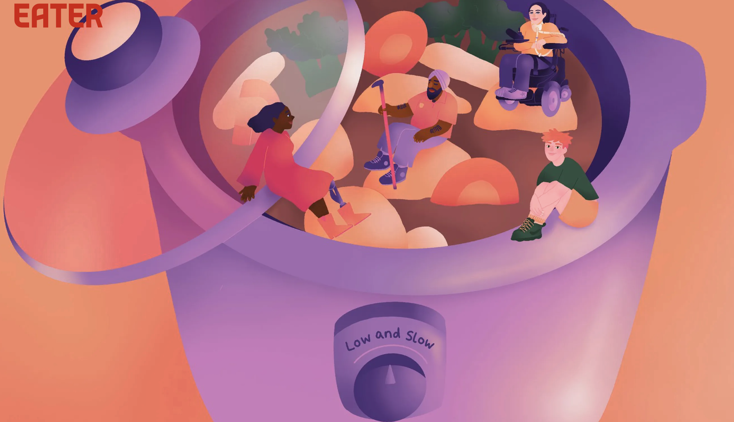Illustration by Ananya Rao-Middleton with an orange background and a large purple slow cooker with the dial that reads Low and Slow. The lid is slightly ajar and inside are various vegetables and disabled people smiling and looking content.