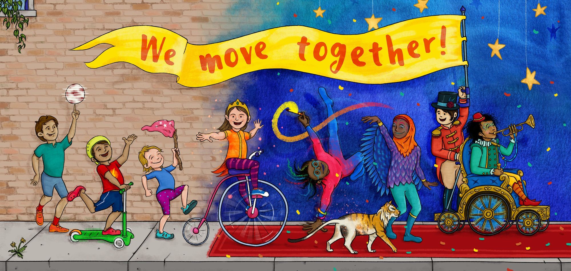 We Move Together: As eight children and a cat parade down the sidewalk, a red carpet appears, magically transforming those who move across it. The brown brick wall turns into a blue and purple night sky lit up with yellow stars. The cat becomes a ferocious tiger. One child grows wings. A power wheelchair becomes a chariot. A bicycle helmet becomes a tiara. One child is using their arm crutch to hold up a brilliant yellow banner which reads “We move together!” Illustration by Eduardo Trejos.