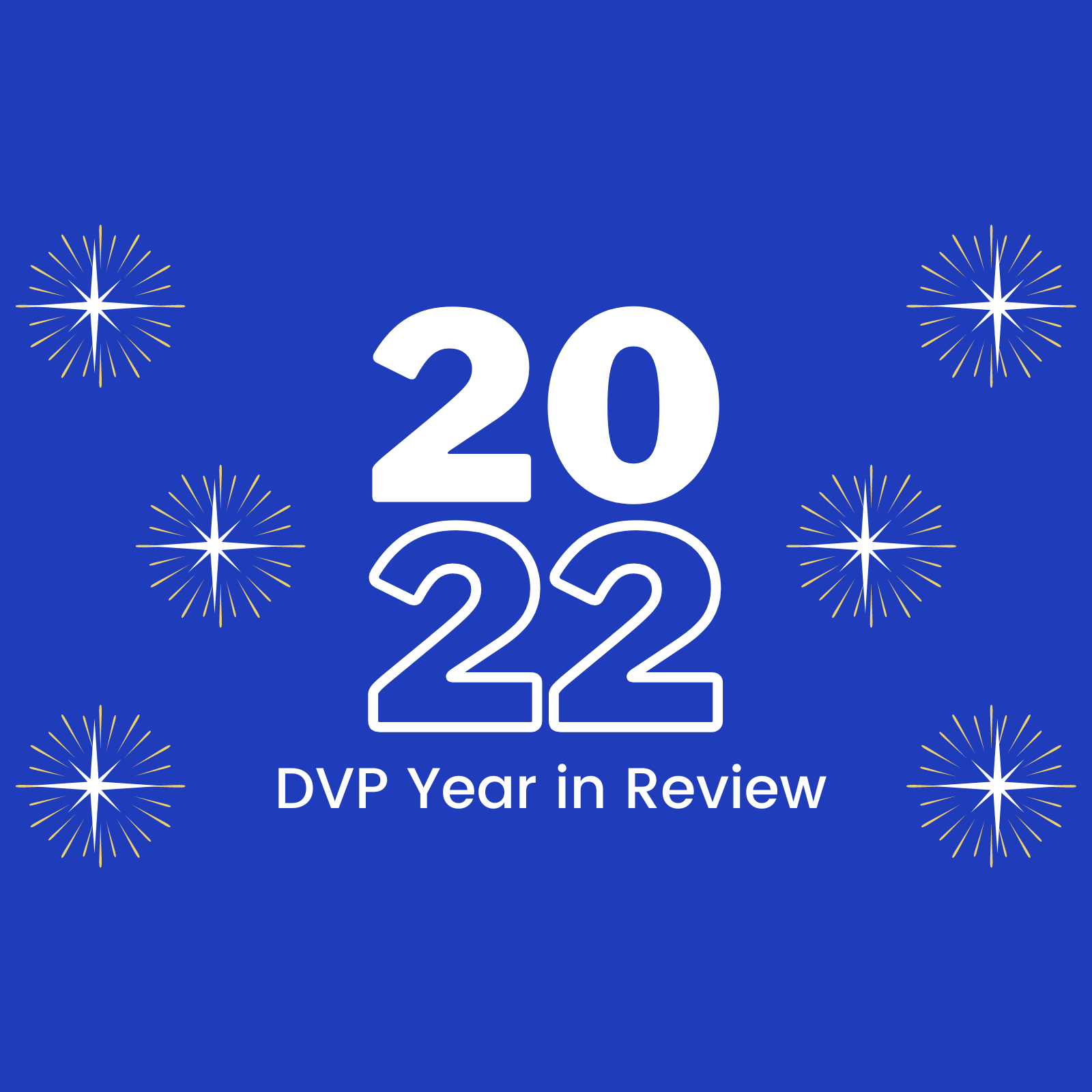 Graphic in blue with white starbursts in the background. In the center in large text is 2022 with 20 stacked on top of 22. Below in white text: DVP Year in Review